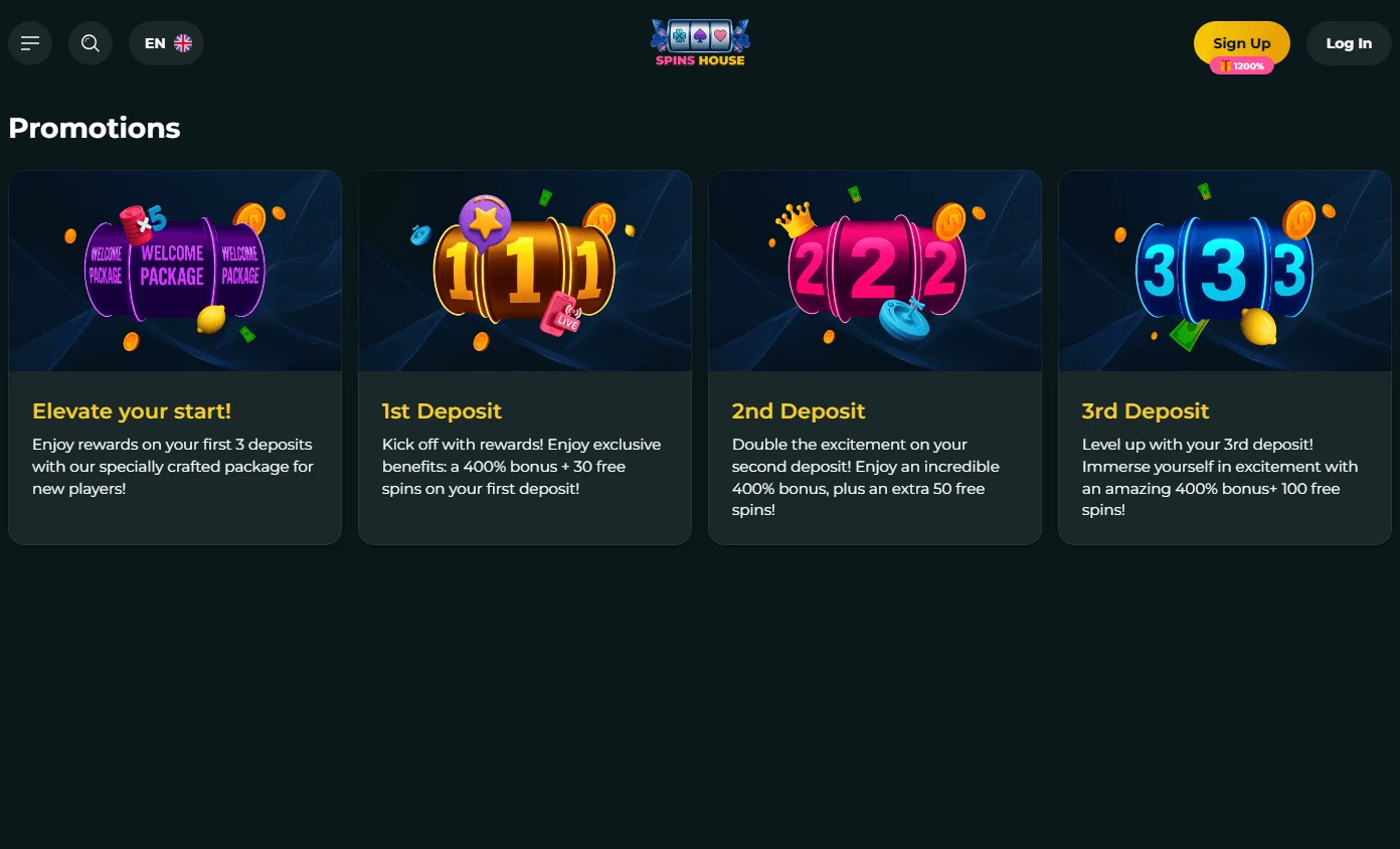 Spins House Casino desktop promotions screen