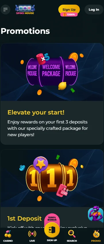 Spins House Casino mobile promotions screen