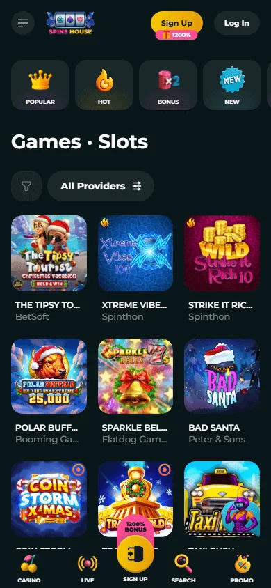 Spins House Casino mobile games screen