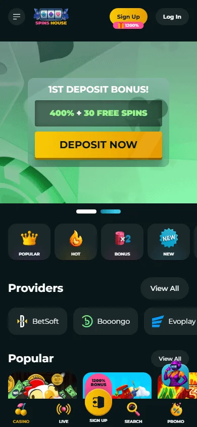 Spins House Casino mobile home screen