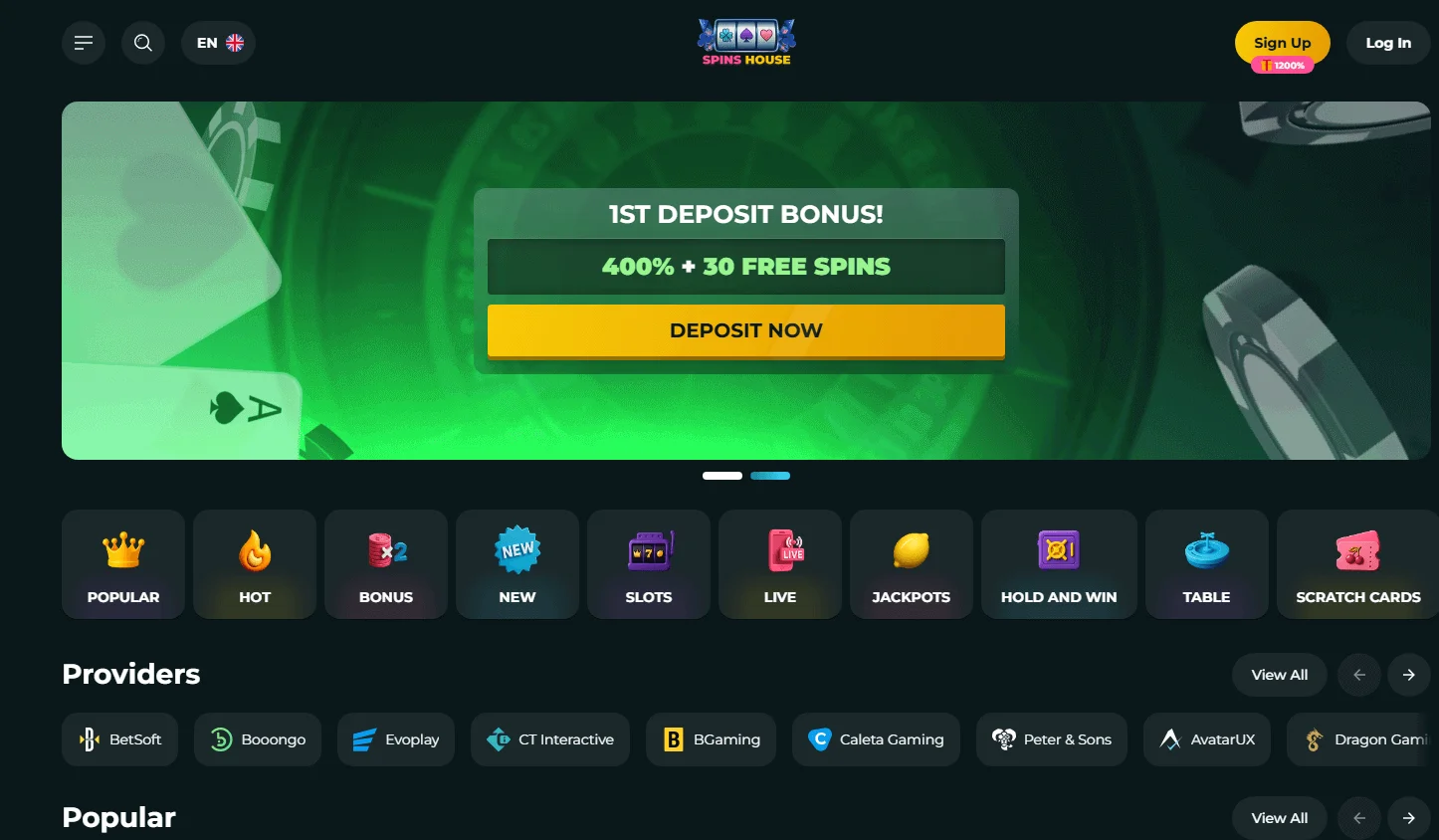 Spins House Casino desktop home screen